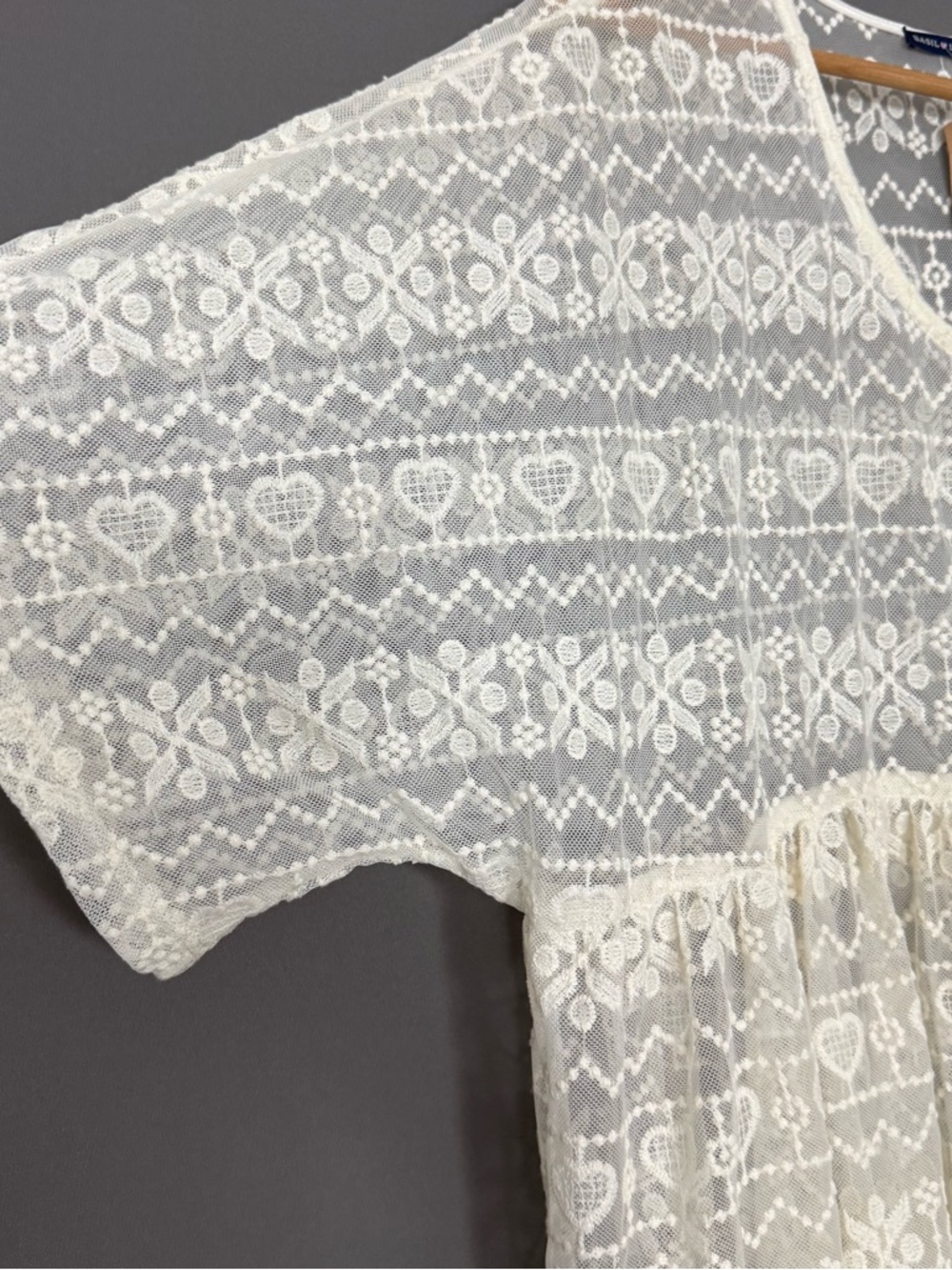 Basil 🩷 Lola Lace Peplum Blouse Top Sheer Ivory White Womens Large Boho Festival - Picture 3 of 7